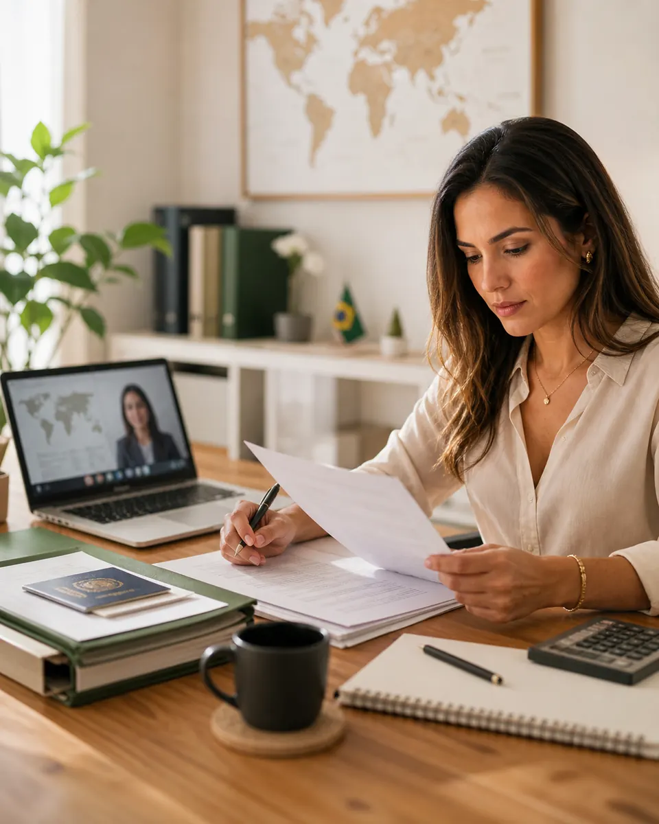 Accounting professional reviewing financial documents during a client consultation.