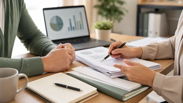 Consultora revisando relatórios financeiros com um empresário durante o diagnóstico da empresa.