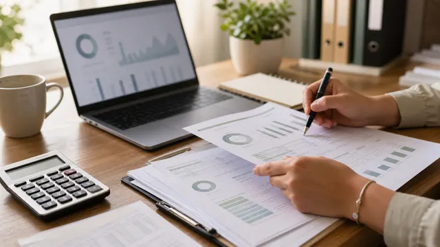 Relatórios financeiros mensais sendo revisados em uma mesa com laptop e calculadora.