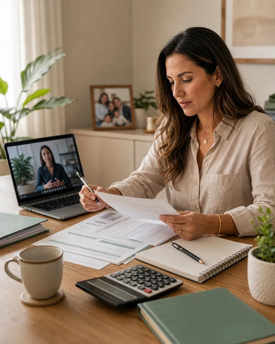 Client reviewing personal financial documents during a remote consultation.