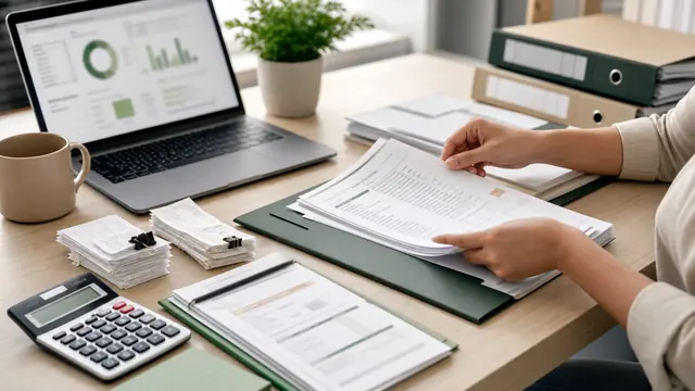 Organized financial documents on a desk with a laptop and calculator.