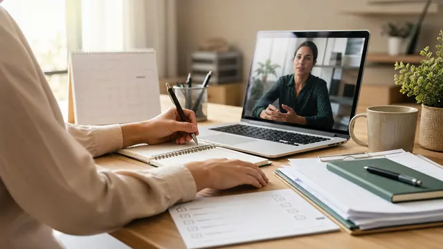 Client receiving financial support on a video call while taking notes.