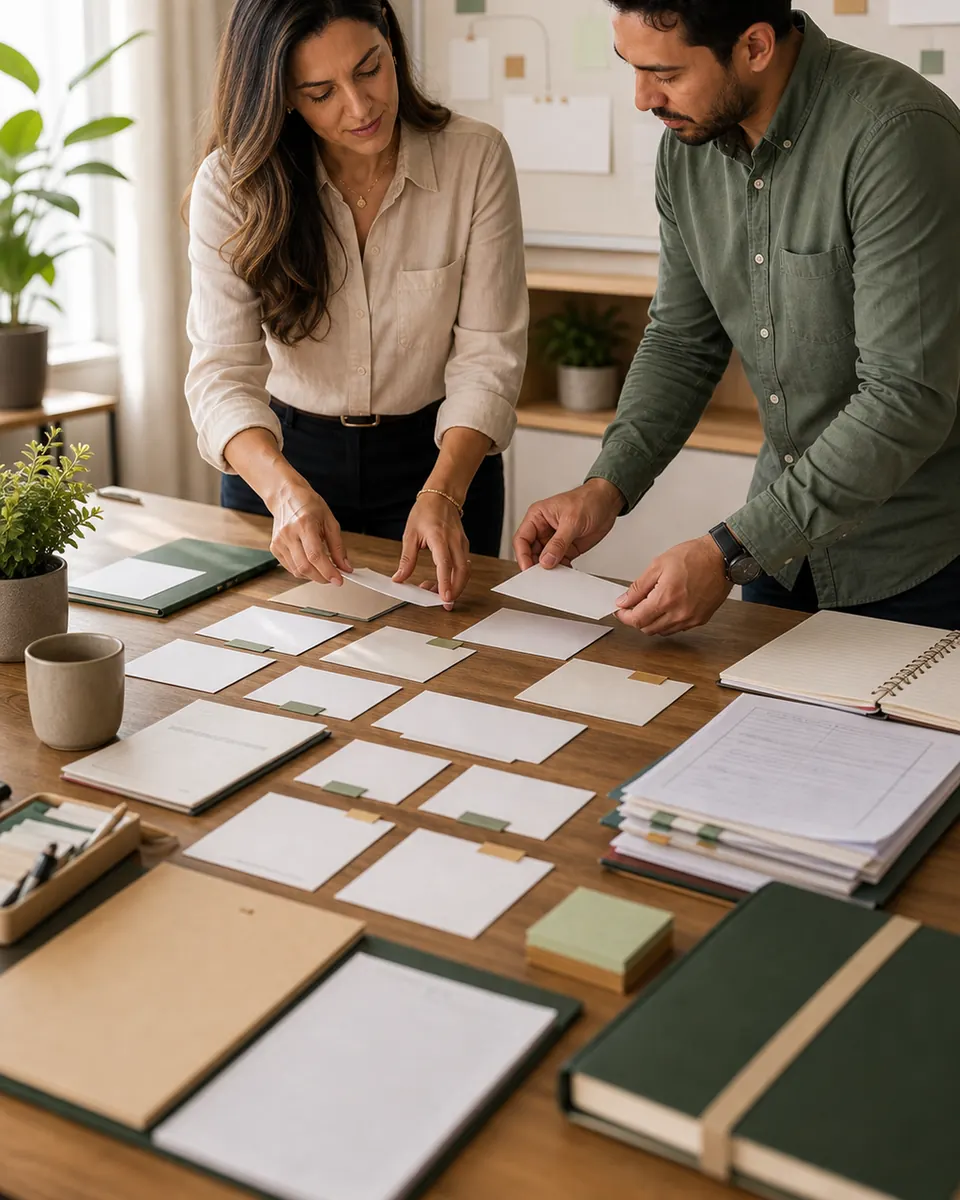 Consultant and client arranging blank cards to map a personalized need.
