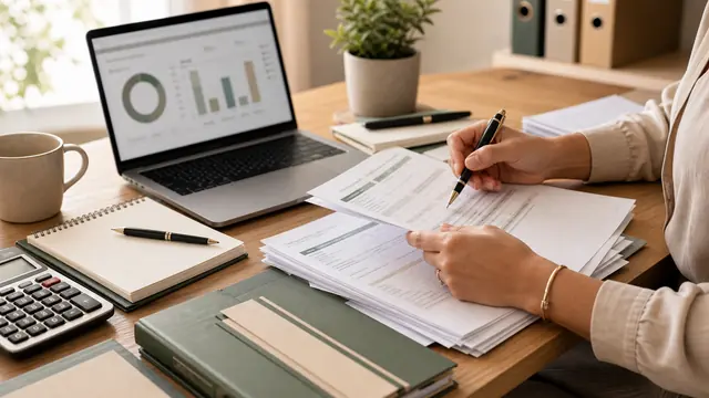 Financial documents being reviewed on a work table.