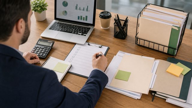 Fluxo de trabalho financeiro sendo organizado com pastas, checklist e computador.