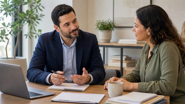 Cliente em uma conversa inicial com uma consultora financeira em uma mesa de trabalho.