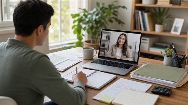 Cliente recebendo acompanhamento financeiro contínuo por videochamada.